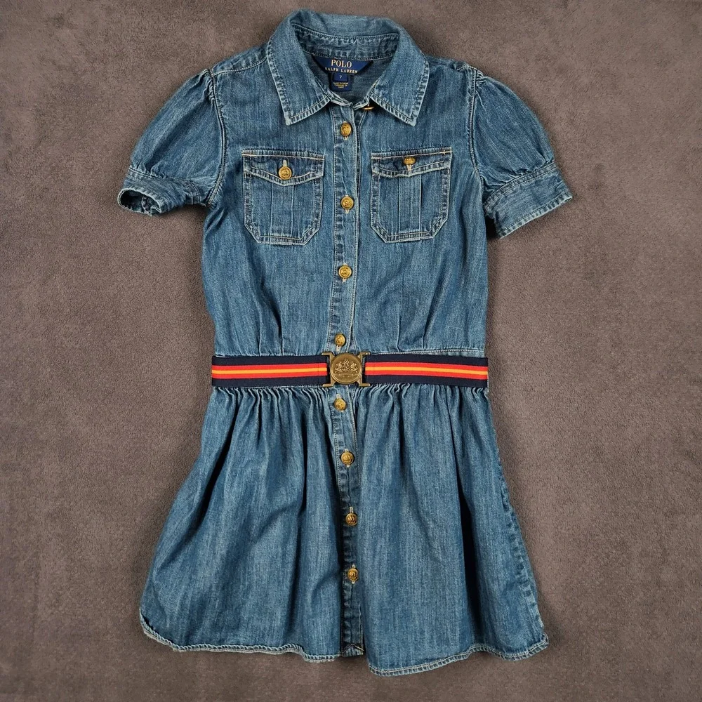 Polo‎ Ralph Lauren Denim Shirt Dress Kids 7 Blue Belted Puff Sleeve Button Front